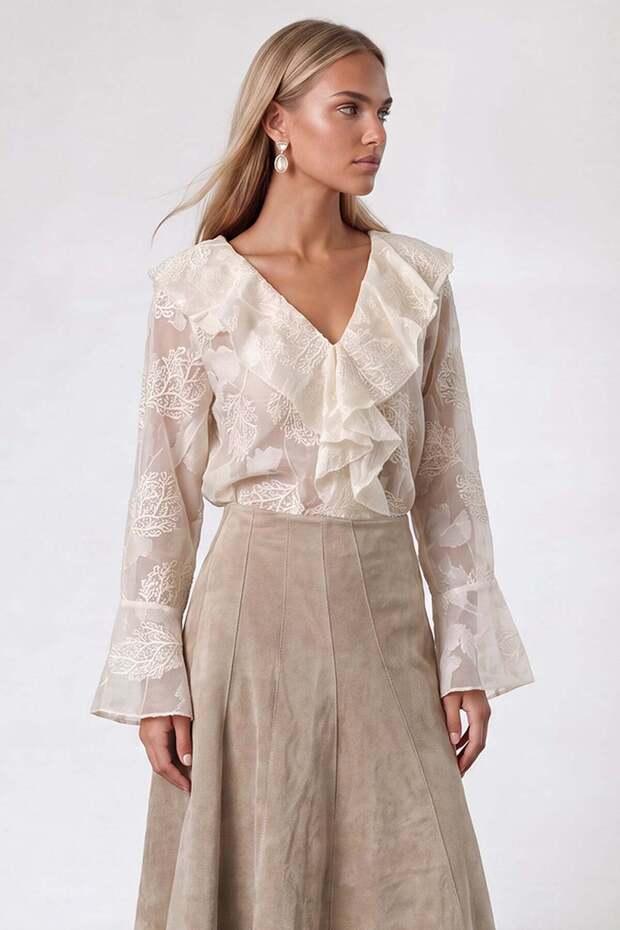 Women's beige v-neck valon embroidered hafiten transparent woven blouse alc-x15804