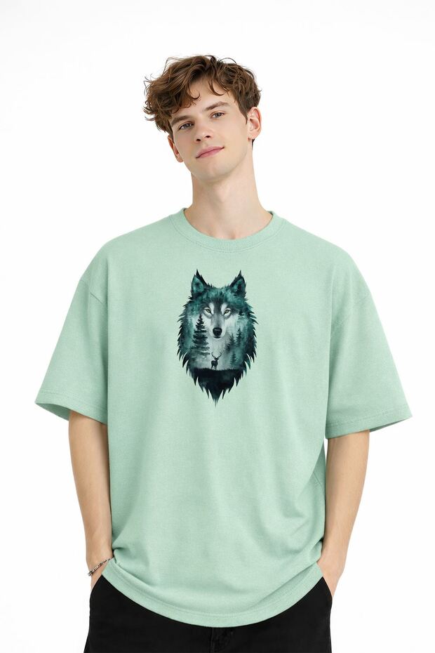 Wolf - 1. Class Cotton Crew Neck Short Sleeve Oversize Men's T-Shirt Water Green