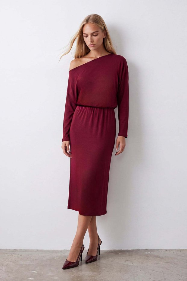 Women's Burgundy Boat Neck Modal Midi Dress Alc-X15780