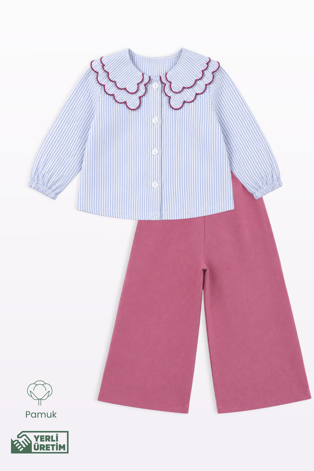 Girl's Seasonal Suit Set with Collar Detail, Striped Shirt and Trousers, 2-Piece Set