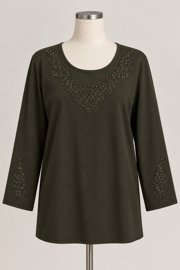 Women's Clover Mother Blouse with Stone Embellishments on Collar and Sleeves
