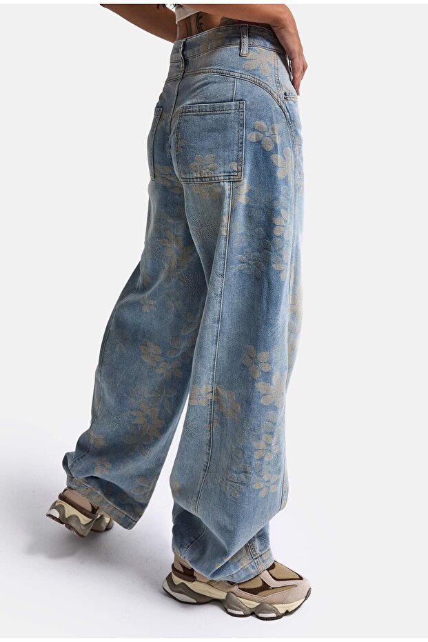 Women's Blue Baggy Fit T11T Special Patterned Fabric Design Denim Jeans
