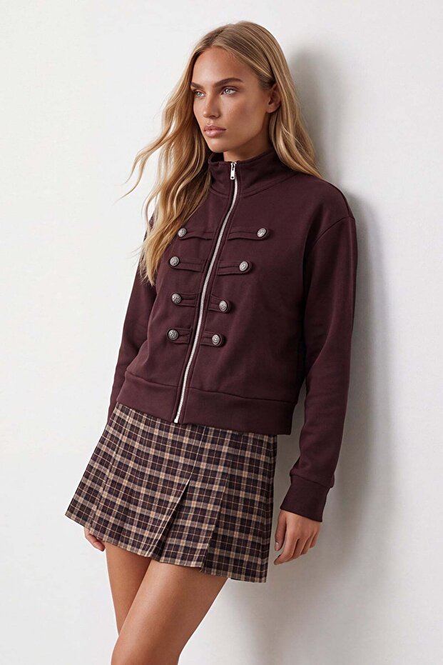 Women's Coffee Color Stand Collar Ornamental Buttoned Zippered Stand Collar Jacket Alc-X15805