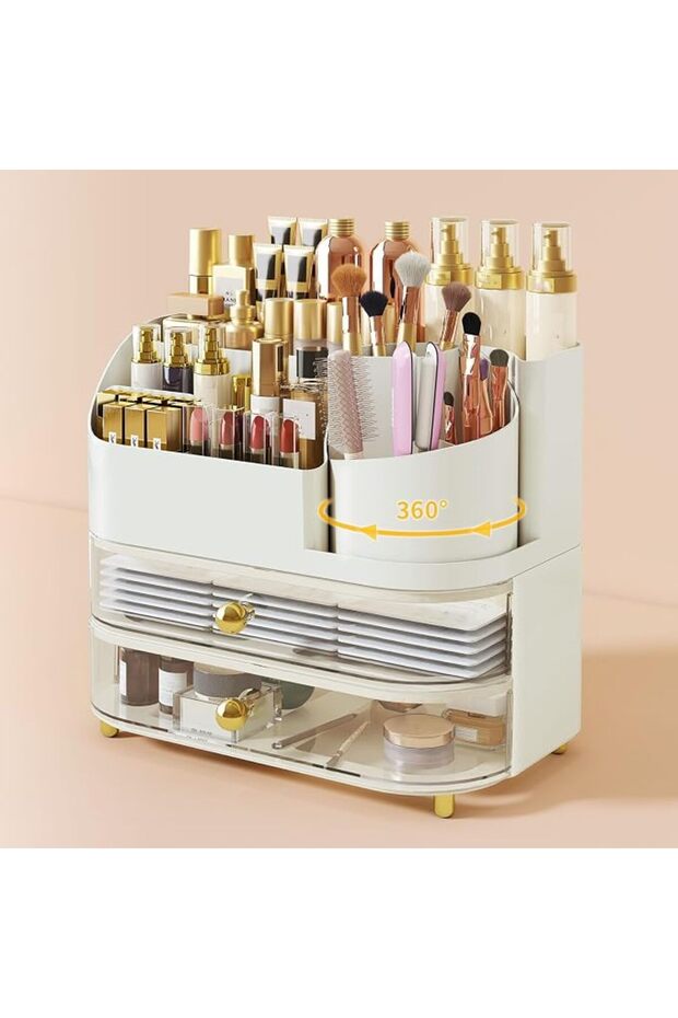 Makeup Organizer with Drawers, Rotating Cosmetic Brush Holder, Countertop Storage for Vanity, Bathro