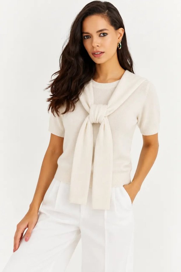 Women's Ecru Knitwear Blouse with Shoulder Tie and Shawl Detail, Short Sleeves, Crew Neck
