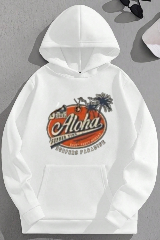 Unisex 3 Thread Cotton White Aloha Loose Fit Sweatshirt Hoodie
