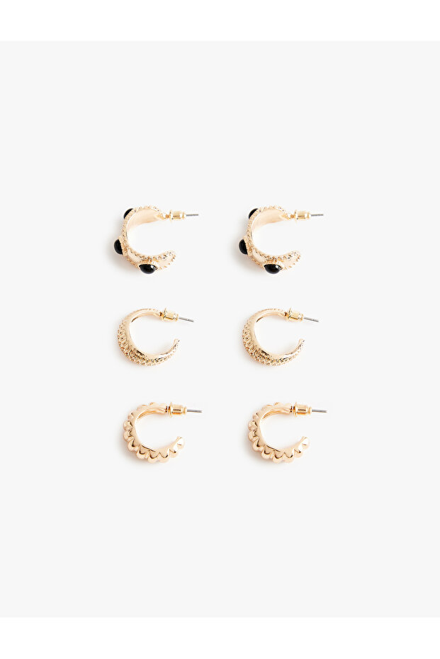 Stone Detailed Textured 3-Piece Hoop Earring Set