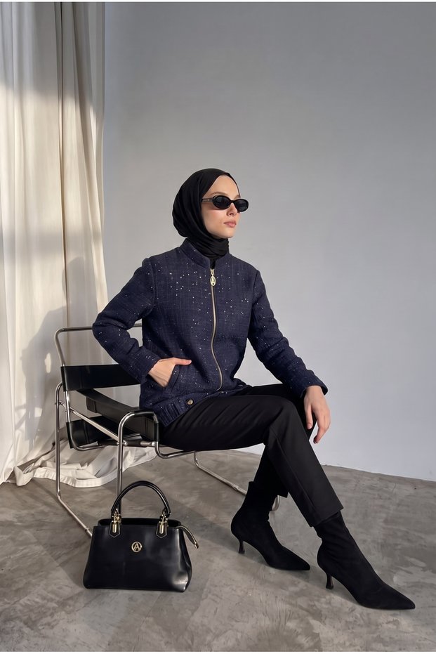 Zipper Detailed Stone Embellished Pocketed Long Jacket Modern Stylish Daily Wear Hijab Outerwear Navy Blue 25Kt507