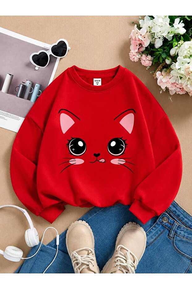 3 Yarn Combed Cotton Cat Printed Unisex Children's Crewneck Sweat Qa3