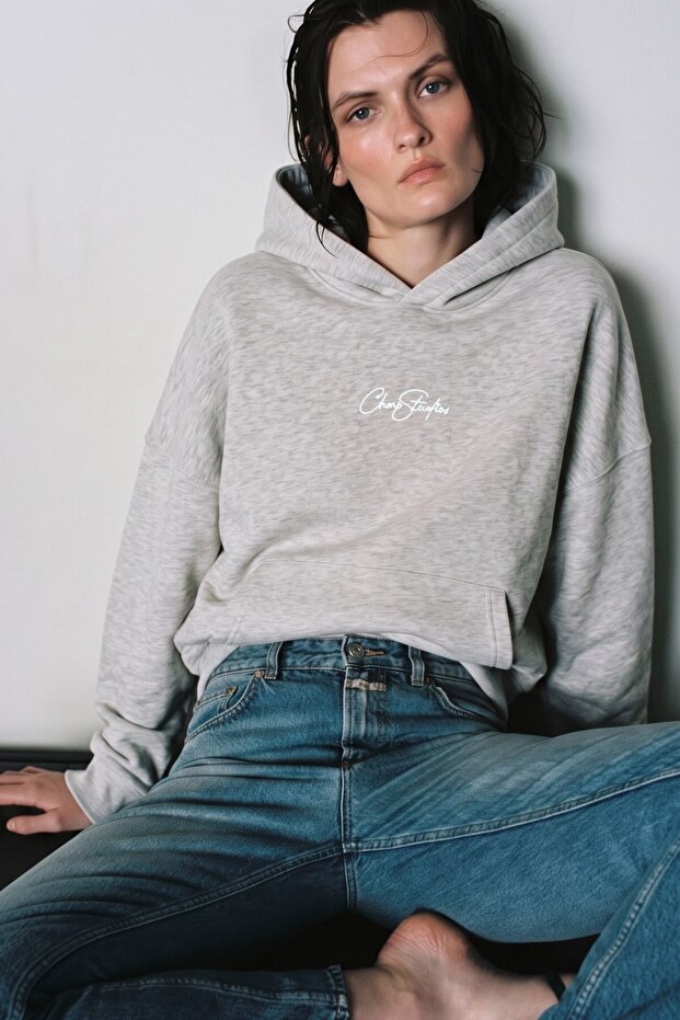 Unisex Oversize Hoodie Chmp Studios Embroidered Gray Melange - Hooded, Pocketed, 3 Thread Fleece