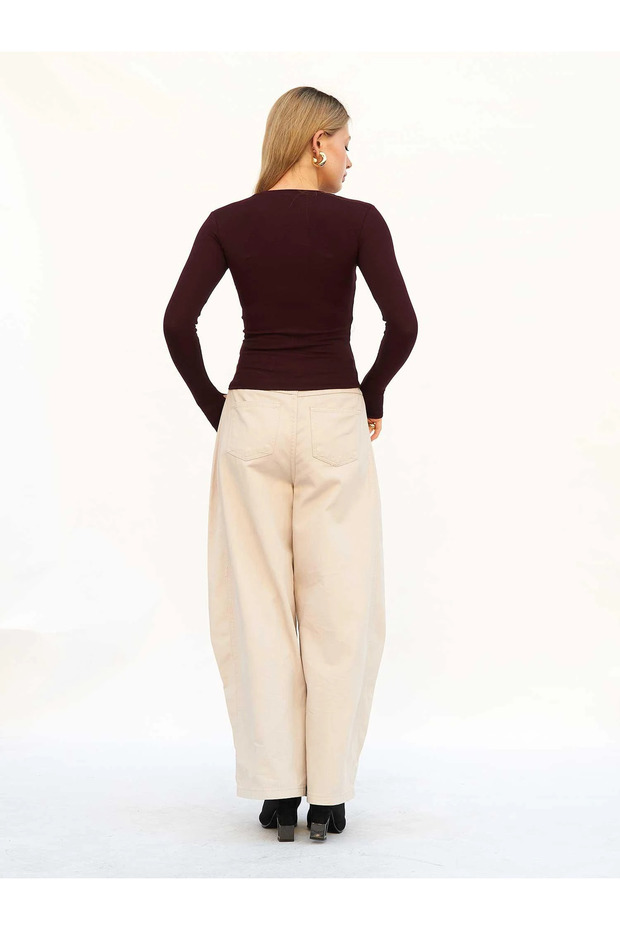 Women's Plum Crew Neck Finger-Loop Long Sleeve Ribbed Basic Blouse