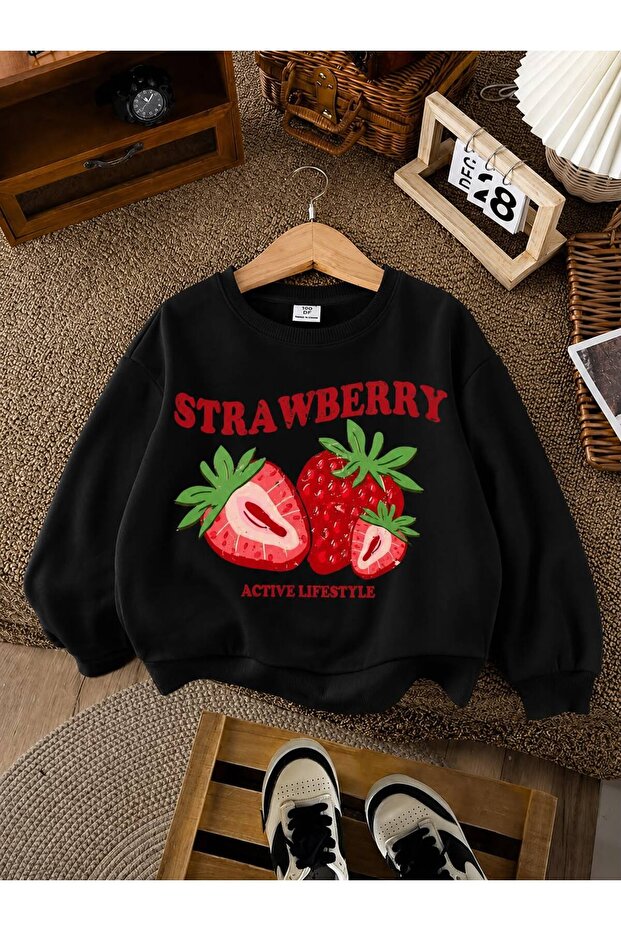 3 Yarn Combed Cotton Strawberry Printed Unisex Children's Crewneck Sweat Qa4