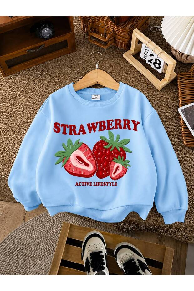 3 Yarn Combed Cotton Strawberry Printed Unisex Children's Crewneck Sweat Qa4