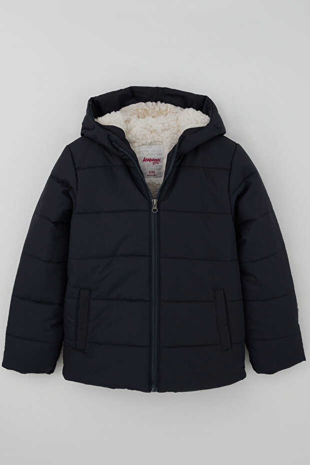 Girl's Coat with Plush Inside and Zipper with Hood, 6-9 Years Old, Navy Blue