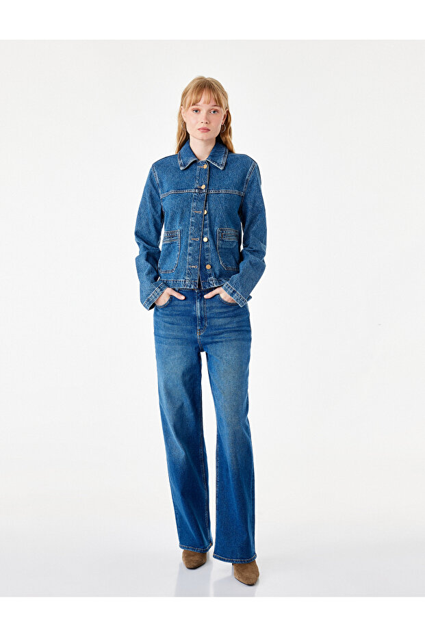 Cotton Regular Fit Short Wide Leg Denim Trousers - Culotte Jeans