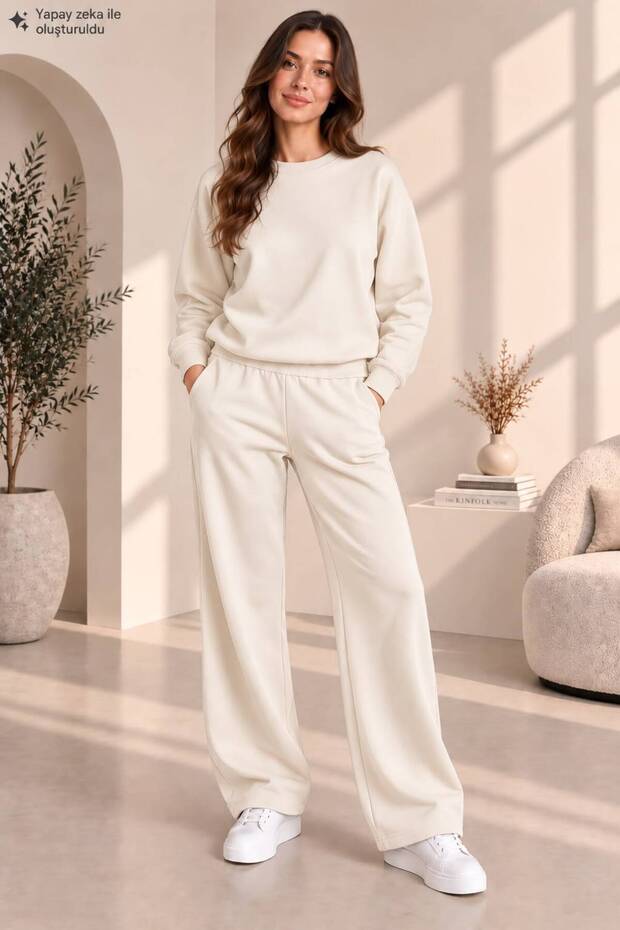 Women's Plain Crew Neck Wide Leg Two-Piece Tracksuit Set Regular Fit