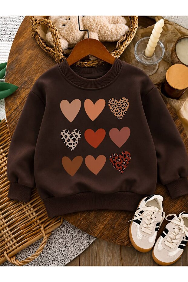3 Yarn Combed Cotton Hearts Printed Unisex Children's Crewneck Sweat Qa5