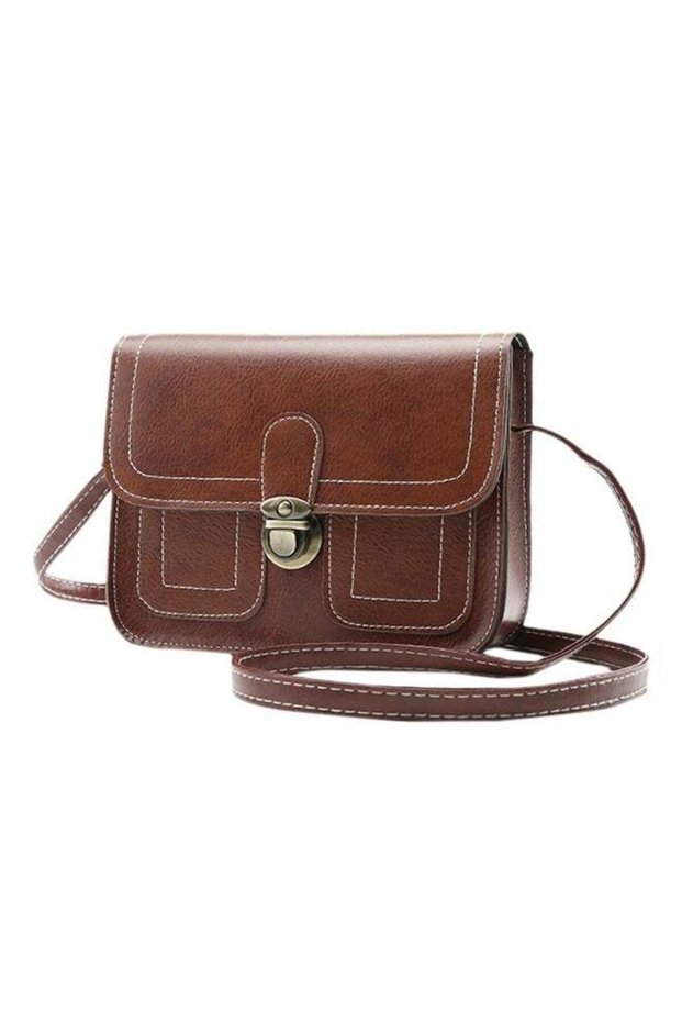 Vintage Leather Push Lock Crossbody Bag Brown