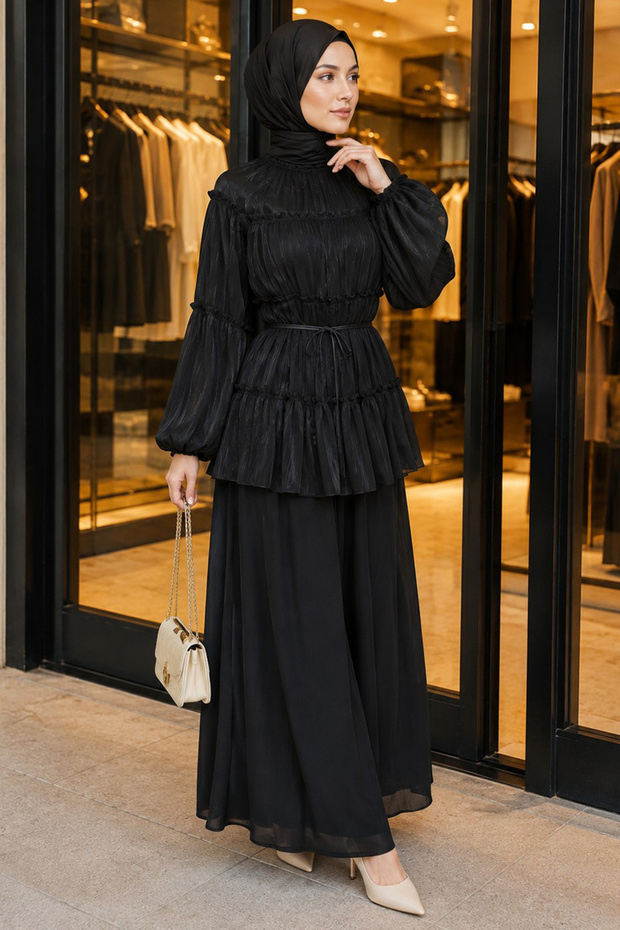 Layered Gathered Detailed Black Hijab Set 26202S