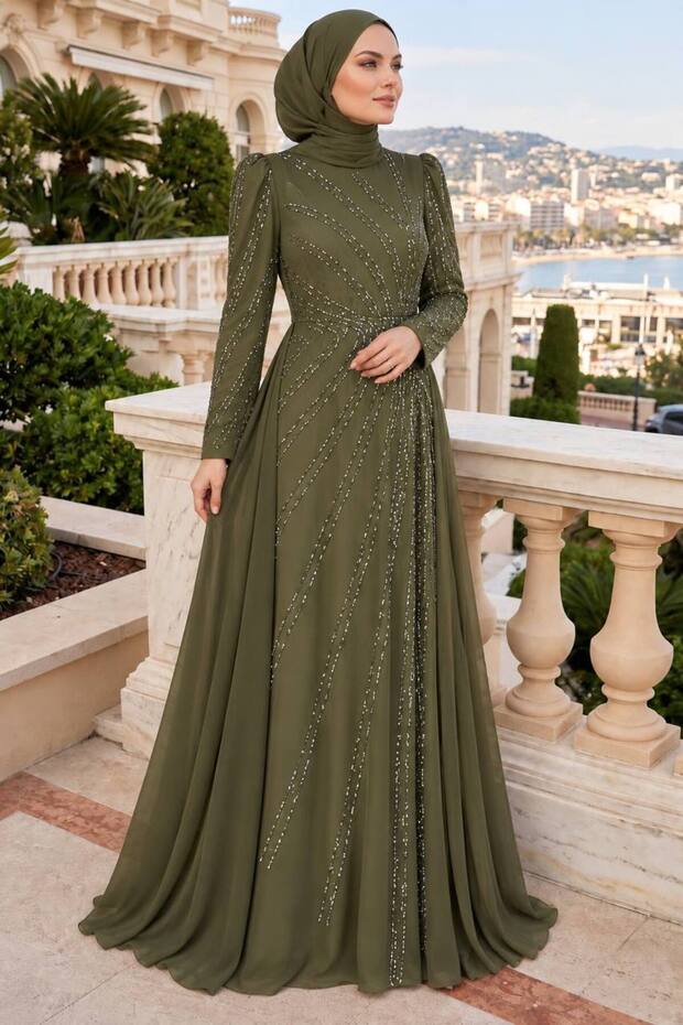 Stone Embellished Draped Khaki Hijab Evening Dress 55131Hk