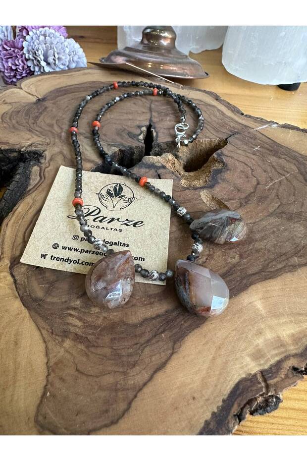 Smoky Quartz and Agate (Agat) and Red Coral Natural Stone Design Necklace