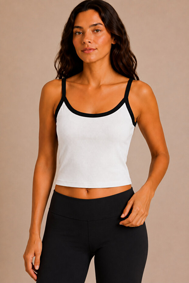 Women's Thin Straps Contrast Ribbed U-Neck Ribbed Crop Tank Top