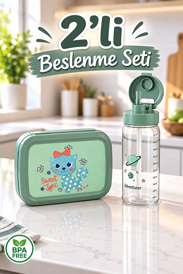 2-Piece Hobby Children's School Nutrition Set – 1.4 Lt Compartmented Lunch Box and 550 ml Water Bottle with Straw Set