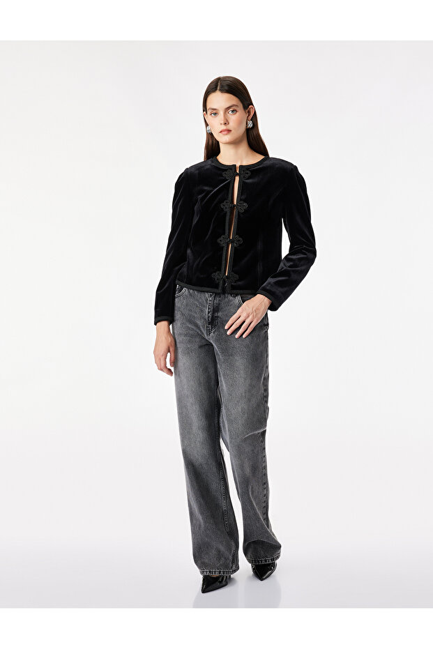 Slim Fit Padded Crew Neck Long Sleeve Velvet Jacket with Fancy Buttons