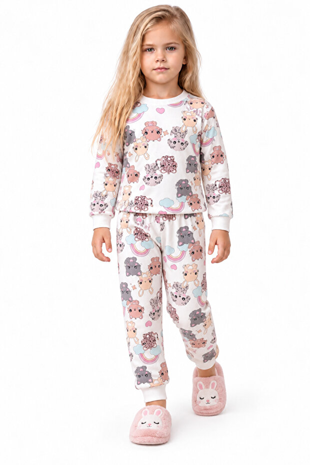 Girls' Pajama Set Teddy Bear Patterned Cotton Long Sleeve Winter Pajama Set