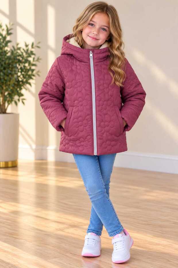 Female Children's Flowered Water and Wind Proof Hooded Coat