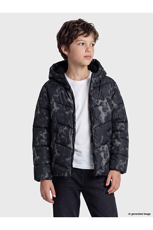 Peak New Season Black Batik Patterned Boys' Puffer Jacket