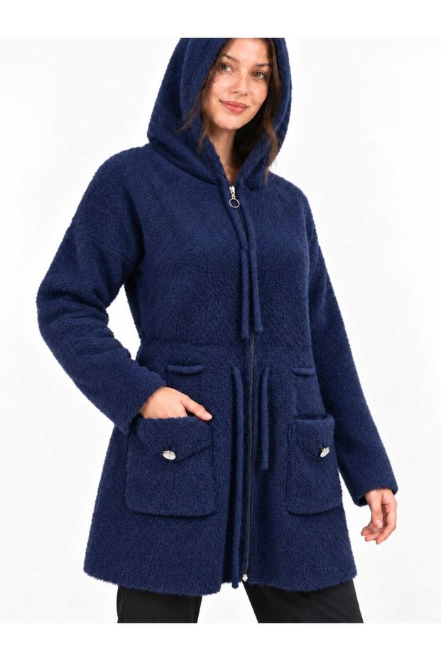 Asez Boutique Women's Hooded 7-Button Plush Textured Long Knitwear Cardigan 9084