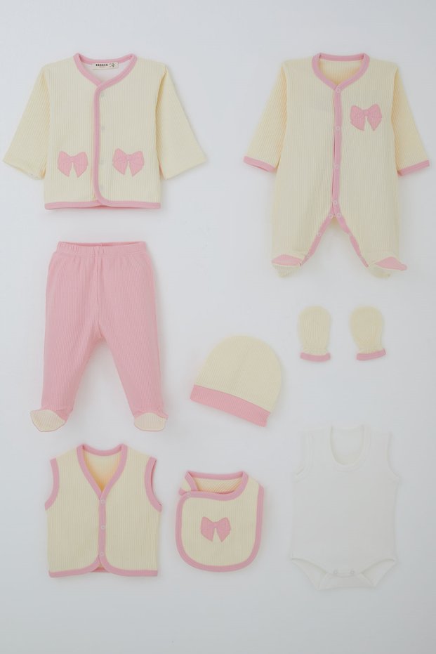 Baby Girl Hospital Release Outfit, 8-Piece Set with Bow Embroidery, 0-3 Months, Cream