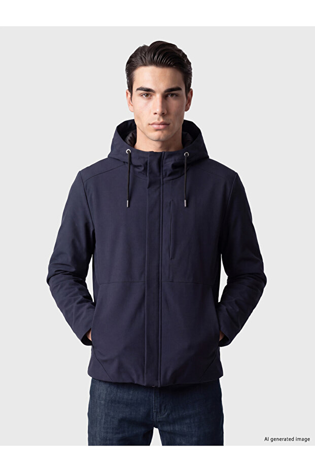 Ozmarka New Season Navy Blue Regular Fit Hooded Men's Jacket