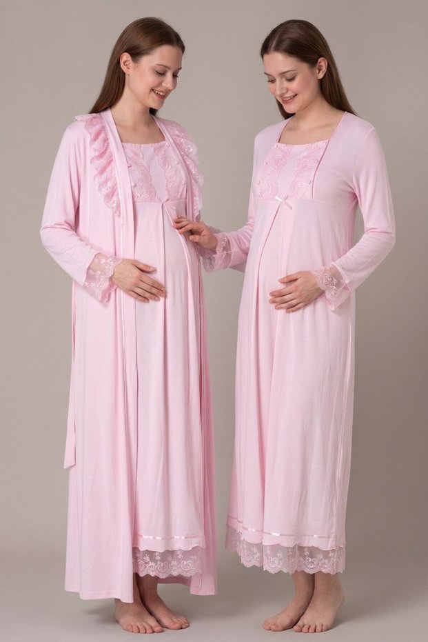 Women's Powder Lace Full Length Nursing Detailed Maternity Nightgown Set with Dressing Gown