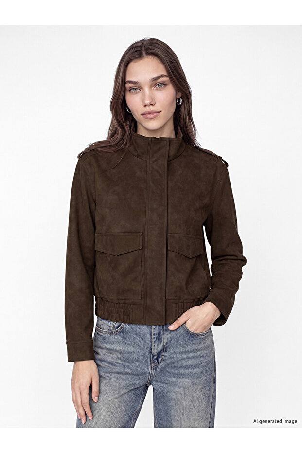 Stand Collar Women's Suede Look Jacket