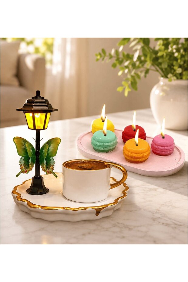 Premium Turkish Coffee Cup with Led Street Lamp and Set of 5 Scented Colorful Macaron Candles