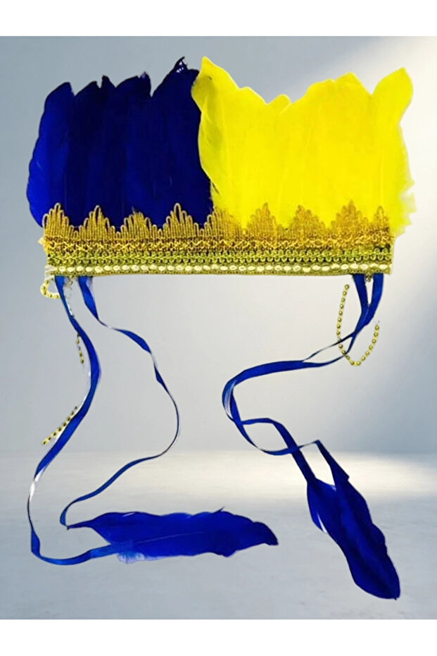 Stylish Feathered Native American Headdress in Yellow and Navy Blue Colors