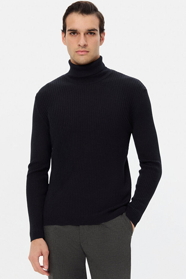 Slim Fit Navy Blue Rib Knit Sweater