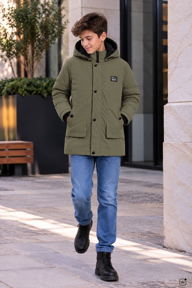 Khaki Boy's Fleece-Lined Inflatable Coat with Fur Hood 24915