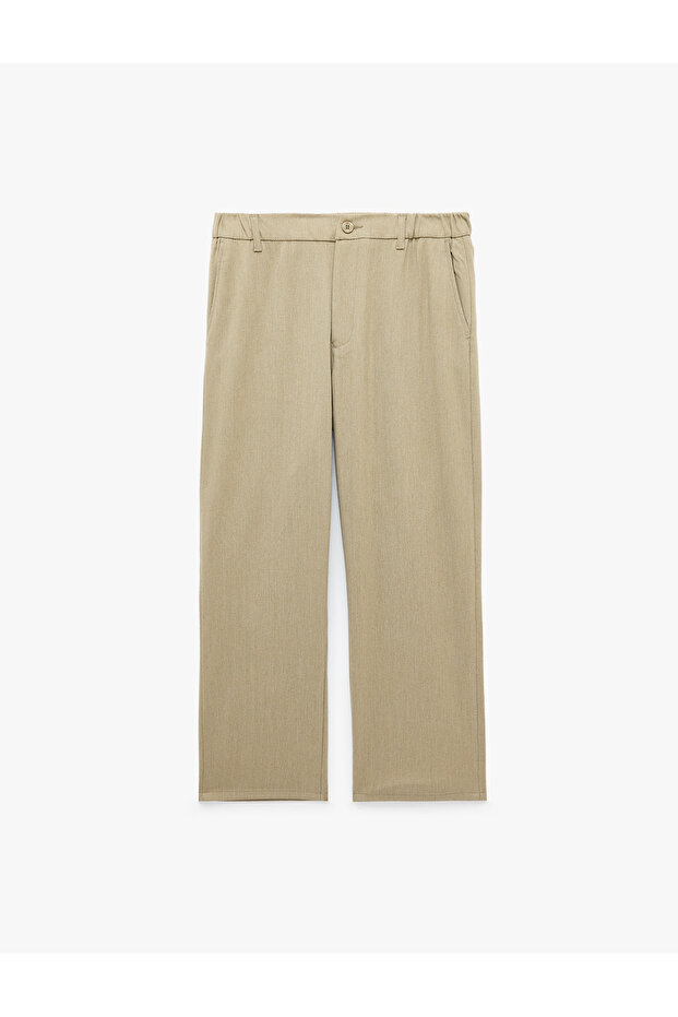 Viscose Blended Elastic Waist Buttoned Pocketed Comfortable Fit Wide Leg Fabric Trousers