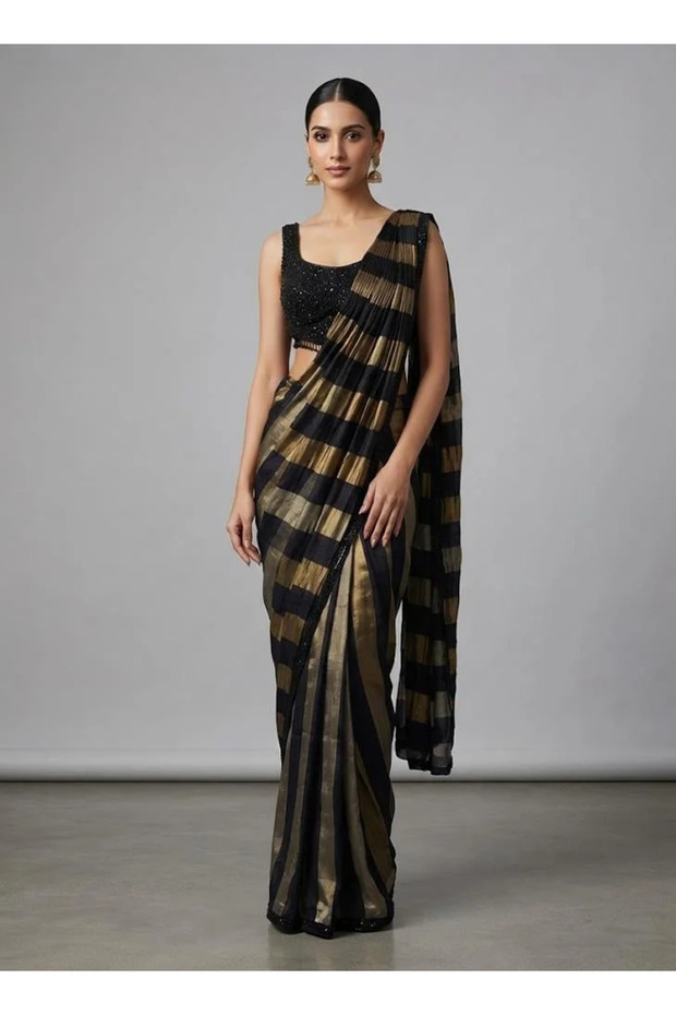 Black Sequin Embroidered Saree Set with Striped Blouse – Women's Indian Ethnic Wear