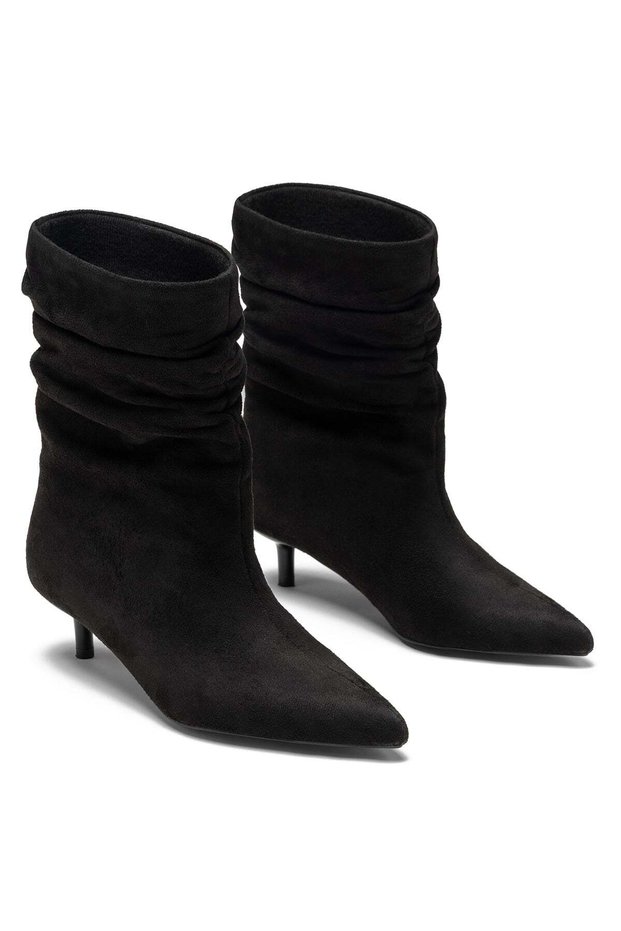 Women's Black Suede Gathered Pointed Toe 4.5 cm Cat Heel Boots