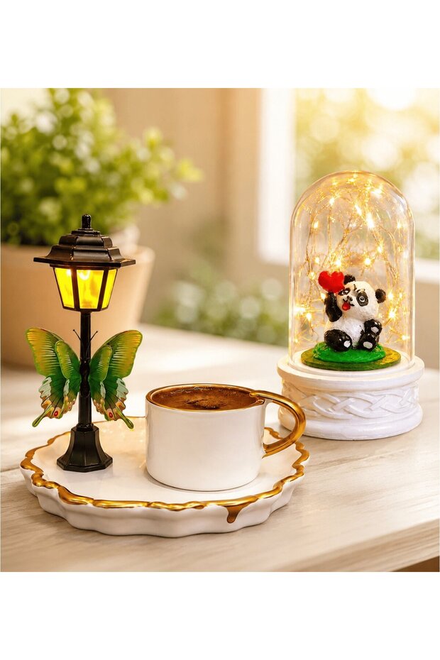 Premium Turkish Coffee Cup and Led Lighted Glass Jar (with Panda) Set with Led Street Lamp