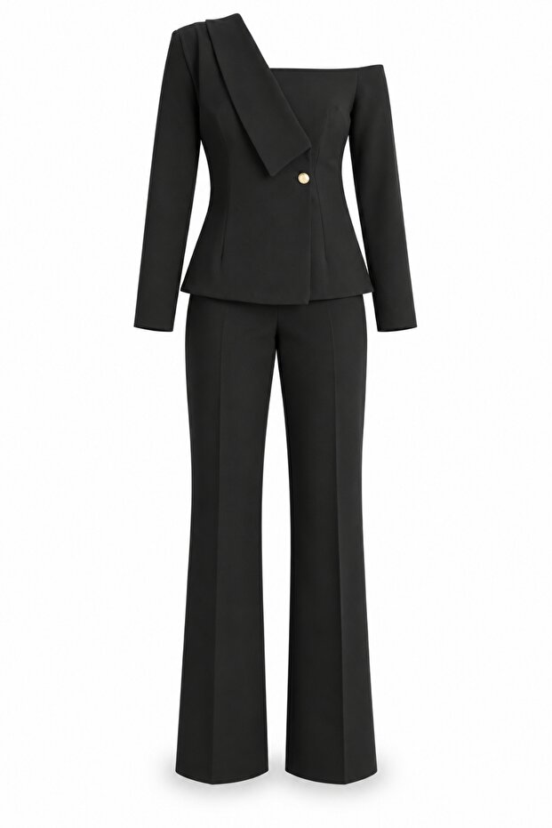Black Design Blouse and Pants Set