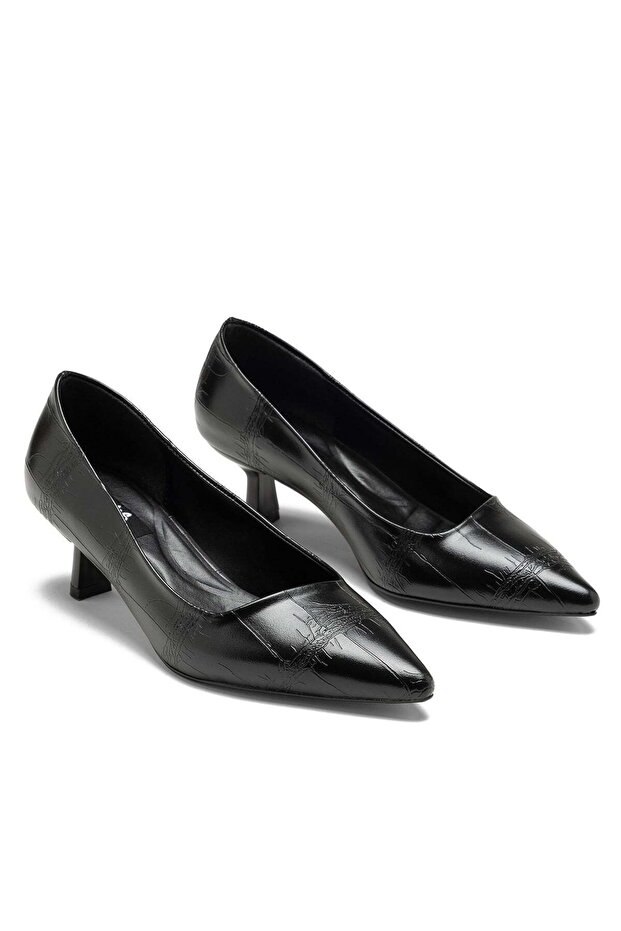 Women's Short Heeled Pointed Toe Crocco Patterned Black Color Stiletto Shoes
