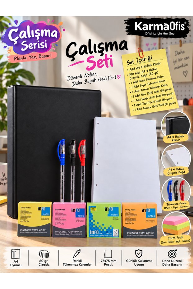 A4 4-Ring Folder Work Set with 8 Color Options Black – 100 Sheets of A4 Unlined Paper, 3 Ballpoint Pens and 4 Color Post-Its