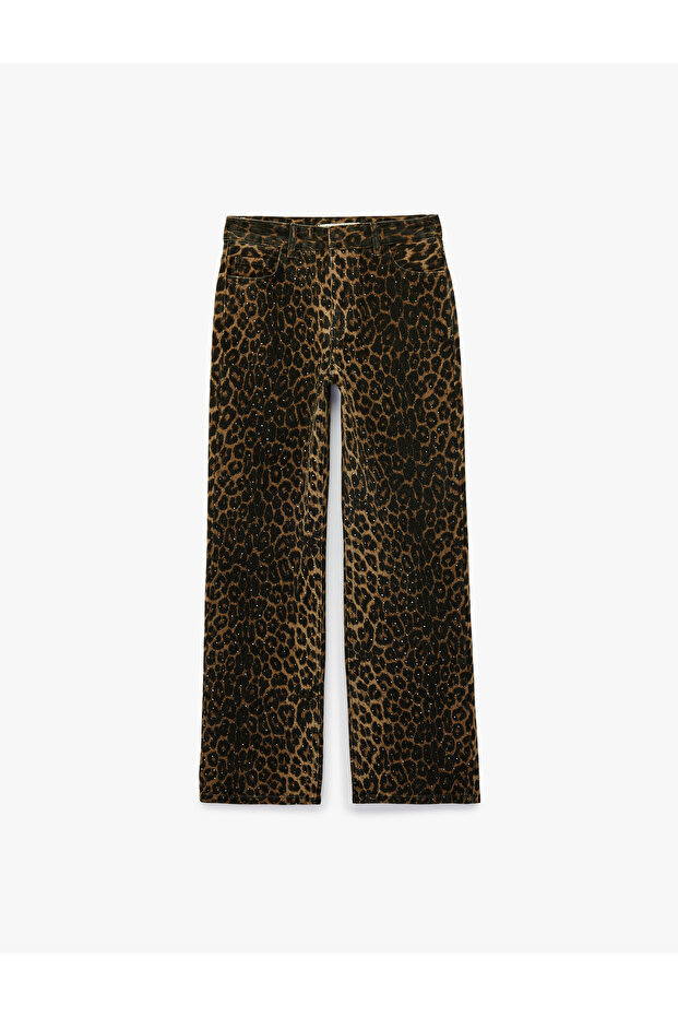 Cotton Buttoned Pocketed Stoned Straight Leg Leopard Pants - Longer Straight Jeans