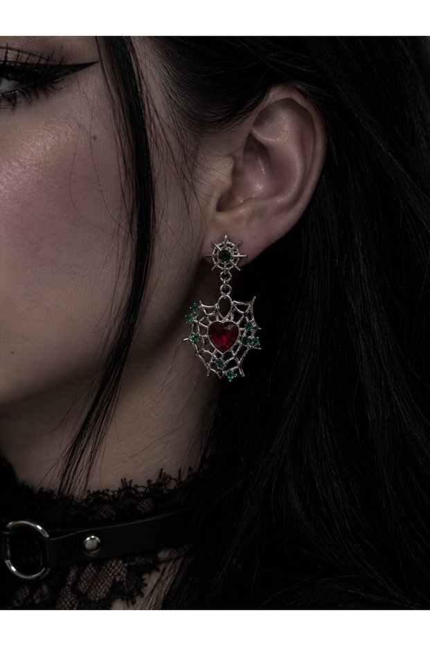 Silver Color Spider Web Red Heart and Green Stone Detailed Women's Earrings