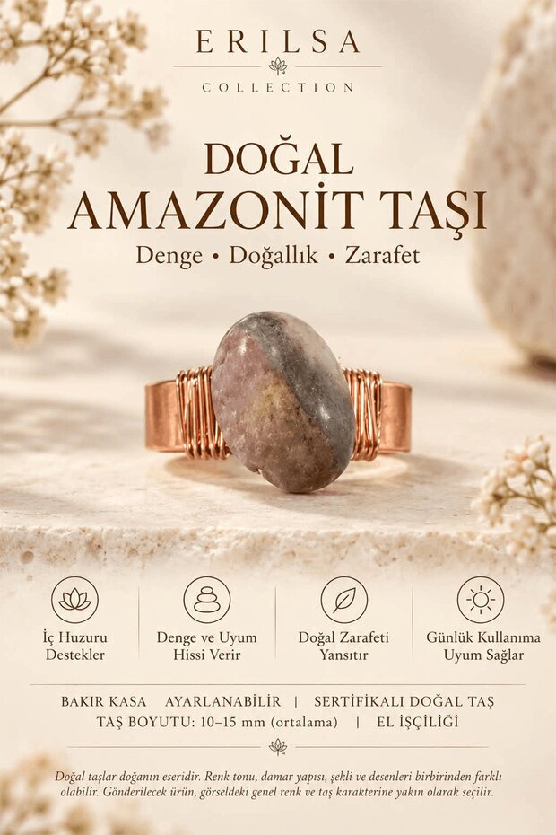 Certified Natural Amazonite Stone Ring Copper Case Handcrafted Adjustable Natural Stone